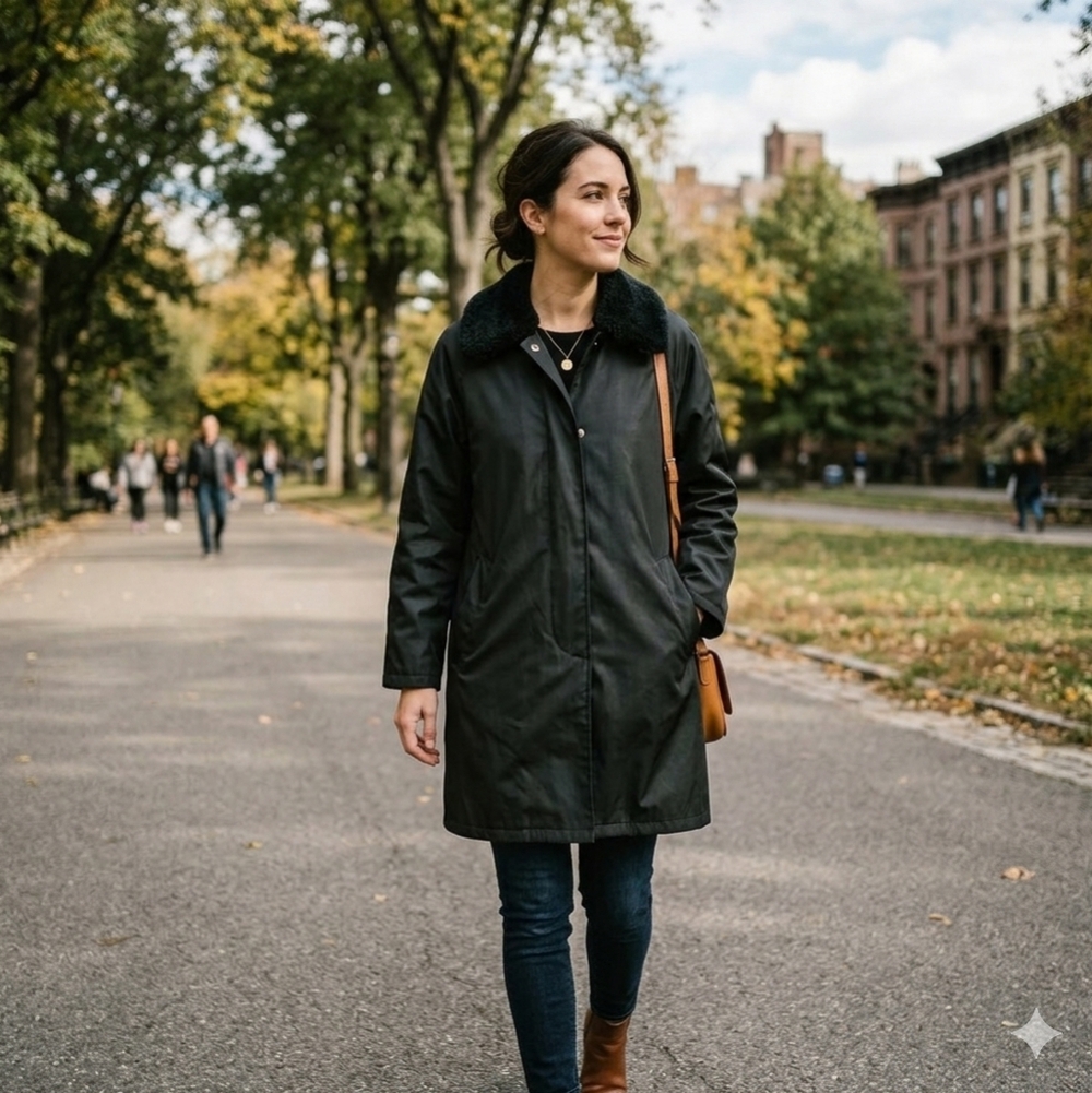 Vintage American Bazaar Black Fur Collar All Weather Fleece Lined Coat Medium